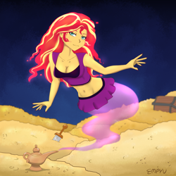 Size: 1200x1200 | Tagged: safe, artist:empyu, sunset shimmer, genie, equestria girls, g4, belly button, breasts, busty sunset shimmer, cleavage, coin, female, geniefied, gold, indoors, looking at you, magic lamp, midriff, sleeveless, smiling, smiling at you, solo, sword, treasure, treasure chest, weapon