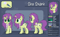 Size: 4000x2500 | Tagged: safe, alternate version, artist:pirill, oc, oc only, oc:sky spark, pony, unicorn, cheek fluff, clothes, color palette, commission, cute, cutie mark, ear fluff, female, green eyes, horn, leg fluff, looking at you, looking back, mare, ocbetes, purple hair, reference sheet, scarf, simple background, solo, unicorn oc