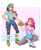 Size: 1994x2455 | Tagged: safe, artist:carpdime, pinkie pie, rainbow dash, human, g4, alternate hairstyle, clothes, duo, duo female, female, food, humanized, long hair, miniskirt, pie, roller skates, rollerblades, shirt, shorts, skates, skirt, stockings, thigh highs, underwear, zettai ryouiki