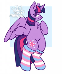 Size: 1074x1280 | Tagged: safe, artist:catponything, twilight sparkle, alicorn, pony, g4, bipedal, chest fluff, clothes, horn, looking at you, pride, pride flag, pride socks, signature, smiling, socks, solo, spread wings, striped socks, tail, transgender, transgender pride flag, twilight sparkle (alicorn), wings