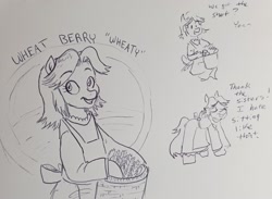 Size: 1906x1397 | Tagged: safe, artist:pony quarantine, oc, oc only, oc:wheat berry, earth pony, pony, apron, basket, clothes, dialogue, eyebrows, eyebrows visible through hair, female, grayscale, grin, mare, monochrome, pen drawing, smiling, solo, traditional art