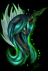 Size: 2362x3496 | Tagged: safe, artist:irayuune, queen chrysalis, changeling, g4, black background, bust, colored pupils, crown, digital art, eyelashes, female, glowing, green eyes, green mane, high res, horn, jewelry, lidded eyes, looking at you, mare, portrait, regalia, signature, simple background, smiling, solo, stars, transparent wings, wings