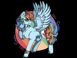 Size: 1280x960 | Tagged: safe, artist:binibean, rainbow dash, pegasus, pony, g4, 20% cooler, black background, female, grin, mare, simple background, smiling, solo, spread wings, sunglasses, turned head, wings