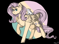 Size: 1280x960 | Tagged: safe, artist:binibean, angel bunny, fluttershy, pegasus, pony, rabbit, g4, angel riding fluttershy, animal, black background, duo, duo male and female, female, male, mare, raised hoof, signature, simple background, smiling