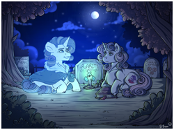 Size: 1280x960 | Tagged: safe, artist:binibean, rarity, sweetie belle, ghost, pony, undead, unicorn, g4, book, candle, duo, duo female, female, full moon, gravestone, implied cookie crumbles, implied hondo flanks, looking at each other, looking at someone, lying down, mare, moon, night, older, older rarity, older sweetie belle, prone, siblings, sisters