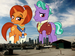 Size: 1920x1440 | Tagged: safe, artist:cheezedoodle96, edit, editor:jaredking779, firelight, stellar flare, pony, unicorn, g4, attack on pony, california, clothes, coat markings, duo, female, giant pony, giantess, grin, highrise ponies, irl, jewelry, los angeles, macro, male, mare, necklace, necktie, pearl necklace, photo, ponies in real life, red eyes, shirt, smiling, socks (coat markings), stallion, story included, vest
