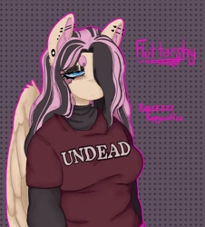 Size: 925x1024 | Tagged: safe, artist:puppywuffzz, fluttershy, pegasus, anthro, g4, clothes, ear piercing, earring, emoshy, eyeshadow, female, jewelry, lidded eyes, makeup, mare, piercing, shirt, solo, t-shirt
