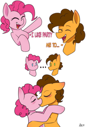 Size: 2864x4208 | Tagged: safe, artist:zeroonesunray, cheese sandwich, pinkie pie, earth pony, pony, g4, ..., and that's how li'l cheese was made, comic, dialogue, duo, female, happy, kiss on the lips, kissing, male, mare, meme, ship:cheesepie, shipping, simple background, stallion, straight, talking, white background