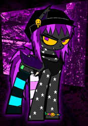 Size: 1004x1440 | Tagged: safe, artist:xxv4mp_g4z3rxx, oc, oc:spaced out, bat pony, pony, beanie, choker, clothes, colored sclera, eyeshadow, fangs, hat, kandi bracelet, looking at you, makeup, piercing, purple eyes, smiley face, smug, socks, solo, striped socks, tank top, yellow sclera