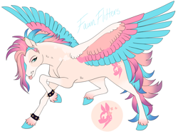 Size: 1400x1050 | Tagged: safe, artist:arexstar, oc, oc only, oc:fawn flitters, pegasus, pony, colored wings, female, mare, multicolored wings, piercing, simple background, solo, spiked wristband, tongue out, tongue piercing, white background, wings, wristband