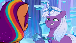 Size: 3072x1727 | Tagged: safe, screencap, sunny starscout, violet frost, auroricorn, earth pony, pony, unicorn, crystal ball (episode), g5, my little pony: tell your tale, spoiler:g5, spoiler:my little pony: tell your tale, spoiler:tyts01e68, duo, duo female, female, grin, mare, smiling