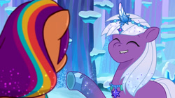 Size: 3072x1727 | Tagged: safe, screencap, sunny starscout, violet frost, auroricorn, earth pony, pony, unicorn, crystal ball (episode), g5, my little pony: tell your tale, spoiler:g5, spoiler:my little pony: tell your tale, spoiler:tyts01e68, cute, duo, duo female, eyes closed, female, lip bite, mare