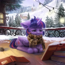 Size: 8000x8000 | Tagged: safe, artist:flvski, twilight sparkle, alicorn, pony, g4, absurd resolution, book, clothes, female, folded wings, horn, lidded eyes, lying down, mare, outdoors, ponyloaf, prone, reading, scarf, signature, snow, solo, twilight sparkle (alicorn), wings, winter
