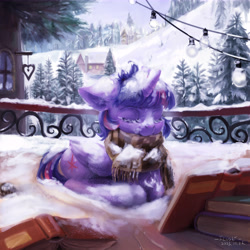Size: 8000x8000 | Tagged: safe, alternate version, artist:flvski, twilight sparkle, alicorn, pony, g4, absurd resolution, book, clothes, eyes closed, female, folded wings, horn, lying down, mare, outdoors, ponyloaf, prone, scarf, signature, snow, solo, this will end in hypothermia, twilight sparkle (alicorn), wings, winter