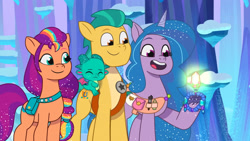 Size: 3072x1727 | Tagged: safe, screencap, hitch trailblazer, izzy moonbow, sparky sparkeroni, sunny starscout, dragon, earth pony, pony, unicorn, crystal ball (episode), g5, my little pony: tell your tale, spoiler:g5, spoiler:my little pony: tell your tale, spoiler:tyts01e68, baby, baby dragon, eyes closed, female, frown, male, mare, open mouth, open smile, papa hitch, smiling, stallion