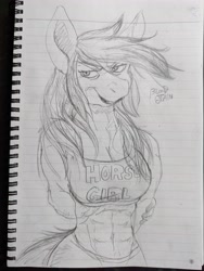 Size: 3072x4080 | Tagged: safe, artist:rubyrelax, oc, oc:blood stain, anthro, abs, arm behind back, belly button, breasts, clothes, female, furrowed brow, lined paper, muscles, muscular female, shorts, sketch, smiling, tank top, traditional art