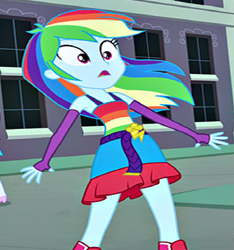 Size: 723x773 | Tagged: safe, screencap, rainbow dash, equestria girls, g4, my little pony equestria girls, bare shoulders, boots, clothes, cropped, dress, evening gloves, fall formal outfits, fingerless elbow gloves, fingerless gloves, gloves, high heel boots, long gloves, rainbow dash always dresses in style, rainbow dress, shoes, sleeveless, sleeveless dress, surprised