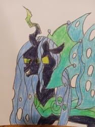 Size: 640x853 | Tagged: safe, artist:leakypipes, queen chrysalis, changeling, changeling queen, g4, crayon drawing, green eyes, traditional art