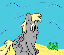 Size: 640x553 | Tagged: safe, artist:leakypipes, derpy hooves, fish, pegasus, pony, g4, animated, bubble, clothes, female, flowing mane, flowing tail, folded wings, gif, mare, ocean, open mouth, open smile, seaweed, sitting, smiling, swimming, tail, underwater, water, wings