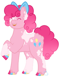 Size: 400x507 | Tagged: safe, artist:arimwe, pinkie pie, earth pony, pony, g4, eyes closed, female, hooves, mare, multicolored hooves, open mouth, open smile, piebald, piebald coat, pink coat, pink mane, pink tail, redesign, simple background, smiling, solo, tail, transparent background