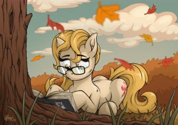 Size: 6402x4500 | Tagged: safe, artist:salnik, oc, oc only, oc:lily jay, earth pony, pony, autumn, book, cloud, falling leaves, female, glasses, leaves, mare, reading, solo, tail, tree