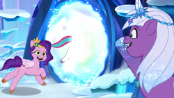 Size: 3072x1727 | Tagged: safe, screencap, pipp petals, violet frost, zipp storm, auroricorn, pegasus, pony, unicorn, crystal ball (episode), g5, my little pony: tell your tale, spoiler:g5, spoiler:my little pony: tell your tale, spoiler:tyts01e68, duo focus, female, mare, offscreen character, open mouth, open smile, royal sisters (g5), siblings, sisters, smiling, trio, trio female