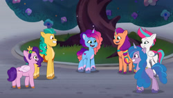 Size: 3072x1727 | Tagged: safe, screencap, hitch trailblazer, izzy moonbow, misty brightdawn, pipp petals, sparky sparkeroni, sunny starscout, zipp storm, dragon, earth pony, pegasus, pony, unicorn, crystal ball (episode), g5, my little pony: tell your tale, spoiler:g5, spoiler:my little pony: tell your tale, spoiler:tyts01e68, baby, baby dragon, female, grin, male, mane five, mane six (g5), mare, night, open mouth, open smile, royal sisters (g5), siblings, sisters, smiling, stallion