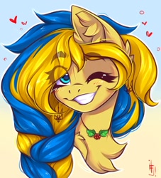 Size: 1200x1320 | Tagged: safe, artist:falafeljake, oc, oc only, oc:ukraine, pony, blushing, braid, bust, chest fluff, ear fluff, ear piercing, earring, eye clipping through hair, eyebrows, eyebrows visible through hair, female, gradient background, grin, heart, jewelry, looking at you, mare, nation ponies, nostrils, one eye closed, piercing, portrait, signature, smiling, smiling at you, solo, teeth, ukraine, wink, winking at you