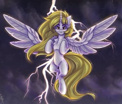 Size: 2600x2200 | Tagged: safe, artist:falafeljake, oc, oc only, oc:spotlight, alicorn, pony, alicorn oc, chest fluff, commission, eyebrows, flying, frown, high res, horn, large wings, lightning, looking at you, signature, sky, solo, spread wings, wings