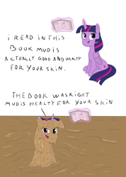 Size: 2000x2816 | Tagged: safe, artist:amateur-draw, twilight sparkle, alicorn, pony, g4, book, covered in mud, female, high res, magic, mare, mud, mud bath, muddy, simple background, solo, twilight sparkle (alicorn), wet and messy, white background