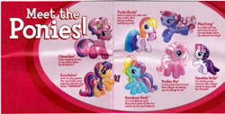 Size: 884x450 | Tagged: safe, cheerilee (g3), pinkie pie (g3), rainbow dash (g3), scootaloo (g3), starsong, sweetie belle (g3), toola-roola, butterfly, earth pony, pegasus, pony, unicorn, g3, g3.5, official, core seven, female, filly, flying, foal, hoof heart, irl, mare, photo, pigtails, standing on two hooves, text, underhoof