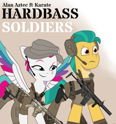 Size: 1194x1275 | Tagged: safe, artist:edy_january, artist:prixy05, hitch trailblazer, zipp storm, earth pony, pegasus, pony, g5, my little pony: tell your tale, action, alan aztec, album, album cover, album parody, armor, assault rifle, body armor, call of duty, captain price, clothes, duo, equipment, gears, gun, handgun, hardbass, hardbass soldiers (song), hat, military, military pony, military uniform, pistol, revolver, rifle, soldier, tactical squad, tactical vest, task forces 141, uniform, uniform hat, united kingdom, united states, us army, vest, weapon