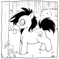 Size: 2893x2893 | Tagged: safe, artist:natt333, oc, oc:mushrooms, earth pony, pony, forest, high res, lineart, nature, signature, solo, tree, wip