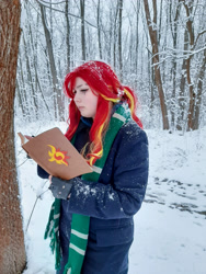 Size: 3000x4000 | Tagged: safe, artist:yuris, sunset shimmer, human, equestria girls, g4, clothes, cosplay, costume, forest, harry potter (series), irl, irl human, nature, photo, slytherin, snow, solo, tree, ukraine, winter