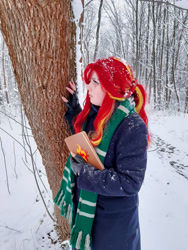 Size: 3000x4000 | Tagged: safe, artist:yuris, sunset shimmer, human, equestria girls, g4, clothes, cosplay, costume, forest, harry potter (series), irl, irl human, nature, photo, slytherin, snow, solo, tree, ukraine, winter