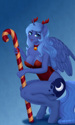 Size: 2964x4900 | Tagged: safe, artist:evlass, princess luna, alicorn, anthro, unguligrade anthro, g4, antlers, breasts, busty princess luna, candy, candy cane, food, reindeer antlers, solo