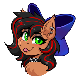 Size: 1533x1533 | Tagged: safe, artist:dandy, oc, oc only, bat pony, pony, bat ears, bat pony oc, blushing, bow, bust, chest fluff, choker, ear fluff, ear piercing, eyeshadow, fangs, female, hair bow, looking at you, makeup, piercing, portrait, simple background, solo, tongue out, transparent background