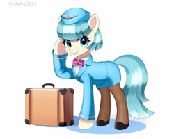 Size: 2300x1840 | Tagged: safe, artist:vinilyart, coco pommel, earth pony, pony, g4, female, high res, looking at you, mare, open mouth, open smile, raised hoof, simple background, smiling, smiling at you, solo, stewardess, suitcase, white background
