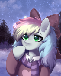Size: 1863x2304 | Tagged: safe, artist:alunedoodle, oc, oc only, oc:blazey sketch, pegasus, pony, bow, bust, clothes, commission, female, forest, hair bow, nature, portrait, scarf, snow, snowflake, solo, striped scarf, tree, ych result