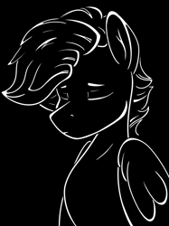 Size: 2048x2732 | Tagged: safe, artist:single purpose, oc, oc only, oc:treading step, pegasus, pony, black and white, eyes closed, grayscale, high res, minimalist, monochrome, sad, solo, stencil