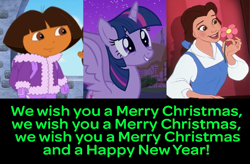 Size: 1061x697 | Tagged: safe, edit, edited screencap, screencap, twilight sparkle, alicorn, human, pony, g4, magical mystery cure, backpack, backpack (dora the explorer), beauty and the beast, belle, cropped, dora márquez, dora the explorer, female, low effort, lyrics, singing, text, trio, trio female, twilight sparkle (alicorn), we wish you a merry christmas
