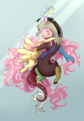 Size: 1640x2360 | Tagged: safe, artist:labrony12, discord, fluttershy, pony, g4, 2023, blush lines, blushing, female, floating, holding a pony, hug, male, ship:discoshy, shipping, signature, straight