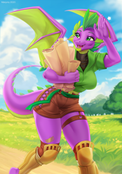 Size: 1000x1417 | Tagged: safe, artist:margony, spike, dragon, anthro, g4, barb, breasts, busty barb, clothes, dragoness, female, greaves, older, older spike, open mouth, open smile, rule 63, shirt, shorts, smiling, solo