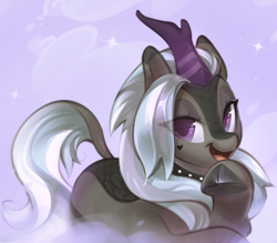 Size: 2812x2464 | Tagged: safe, artist:mirroredsea, oc, oc only, oc:jinx kurai, kirin, pony, abstract background, choker, cloven hooves, cute, eye clipping through hair, eyeshadow, female, heart, high res, horn, kirin oc, lidded eyes, looking at you, makeup, mare, scales, smiling, smiling at you, solo, tattoo