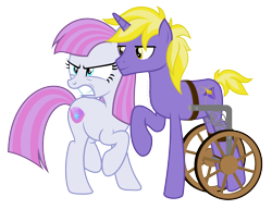 Size: 6000x4603 | Tagged: safe, artist:kaitykat117, oc, oc only, oc:cornsilk lavender(kaitykat), oc:zephyr amethyst(kaitykat), earth pony, pony, unicorn, 2024 community collab, derpibooru community collaboration, g4, angry, base used, disabled, duo, duo male and female, female, gritted teeth, horn, male, raised hoof, short tail, siblings, simple background, smiling, tail, teeth, transparent background, vector, wheelchair