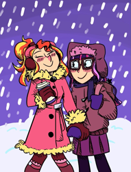 Size: 765x1000 | Tagged: safe, artist:bjarkboof, edit, sunset shimmer, twilight sparkle, human, g4, backpack, blushing, clothes, coat, cute, drink, earmuffs, glasses, holding hands, humanized, scarf, snow, snowfall, winter, winter outfit