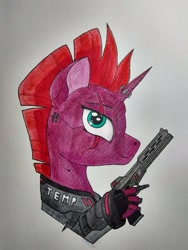 Size: 3000x4000 | Tagged: safe, artist:zocidem, tempest shadow, pony, unicorn, g4, artificial hands, augmented, bust, cyberpunk, fingers, gun, portrait, simple background, solo, traditional art, weapon, white background