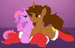 Size: 3252x2086 | Tagged: safe, artist:breloomsgarden, oc, oc:coppercore, oc:lilac, hippogriff, pony, unicorn, christmas, clothes, couple, duo, female, high res, holiday, horn, loving gaze, male, oc x oc, shipping, stallion, stockings, straight, thigh highs, wings