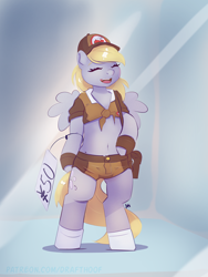 Size: 1128x1500 | Tagged: safe, artist:drafthoof, derpy hooves, pegasus, semi-anthro, g4, arm hooves, belly, belly button, bipedal, eyes closed, figurine, front knot midriff, mailmare, midriff, postman's hat, smiling