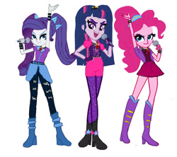 Size: 750x667 | Tagged: safe, artist:miraculousfan6540, pinkie pie, rarity, twilight sparkle, equestria girls, g4, boots, clothes, denim, high heel boots, jacket, jeans, microphone, pants, shirt, shoes, simple background, skirt, vest, white background